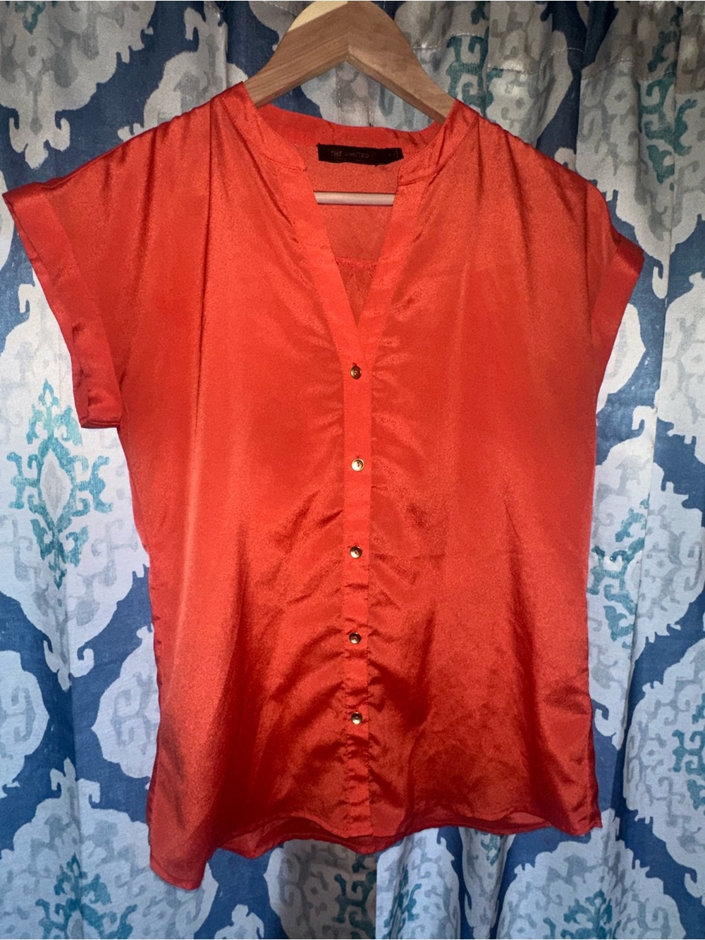 The Limited Orange-Red Satin Blouse | Silky Button Front Work Top